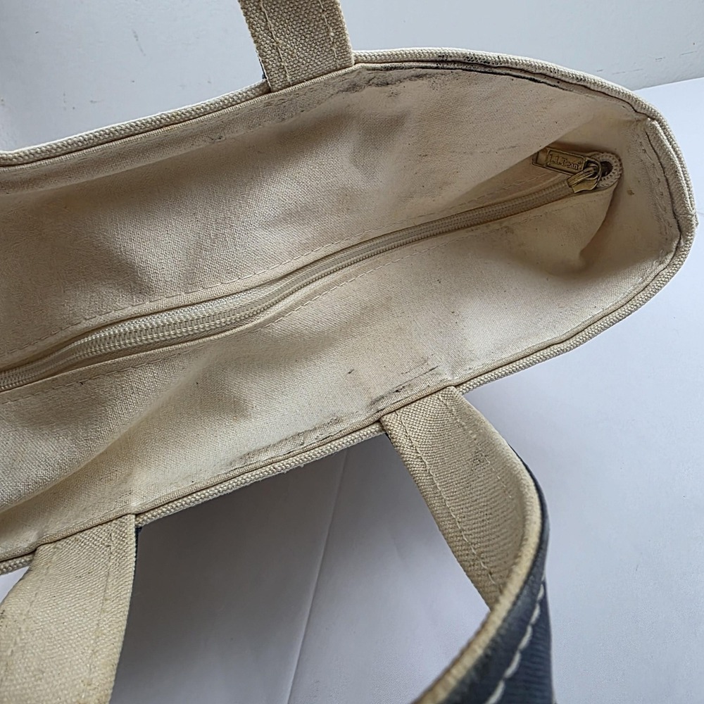 L.L. Bean Boat And Tote Bag Womens Small Beige Blue Canvas Zip Top Beach Casual - Picture 10 of 14